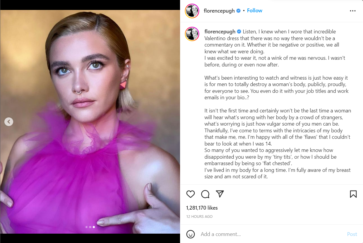 Florence Pugh responded to criticism of one sheer outfit, saying: ‘What’s more concerning is… why are you so scared of breasts?’